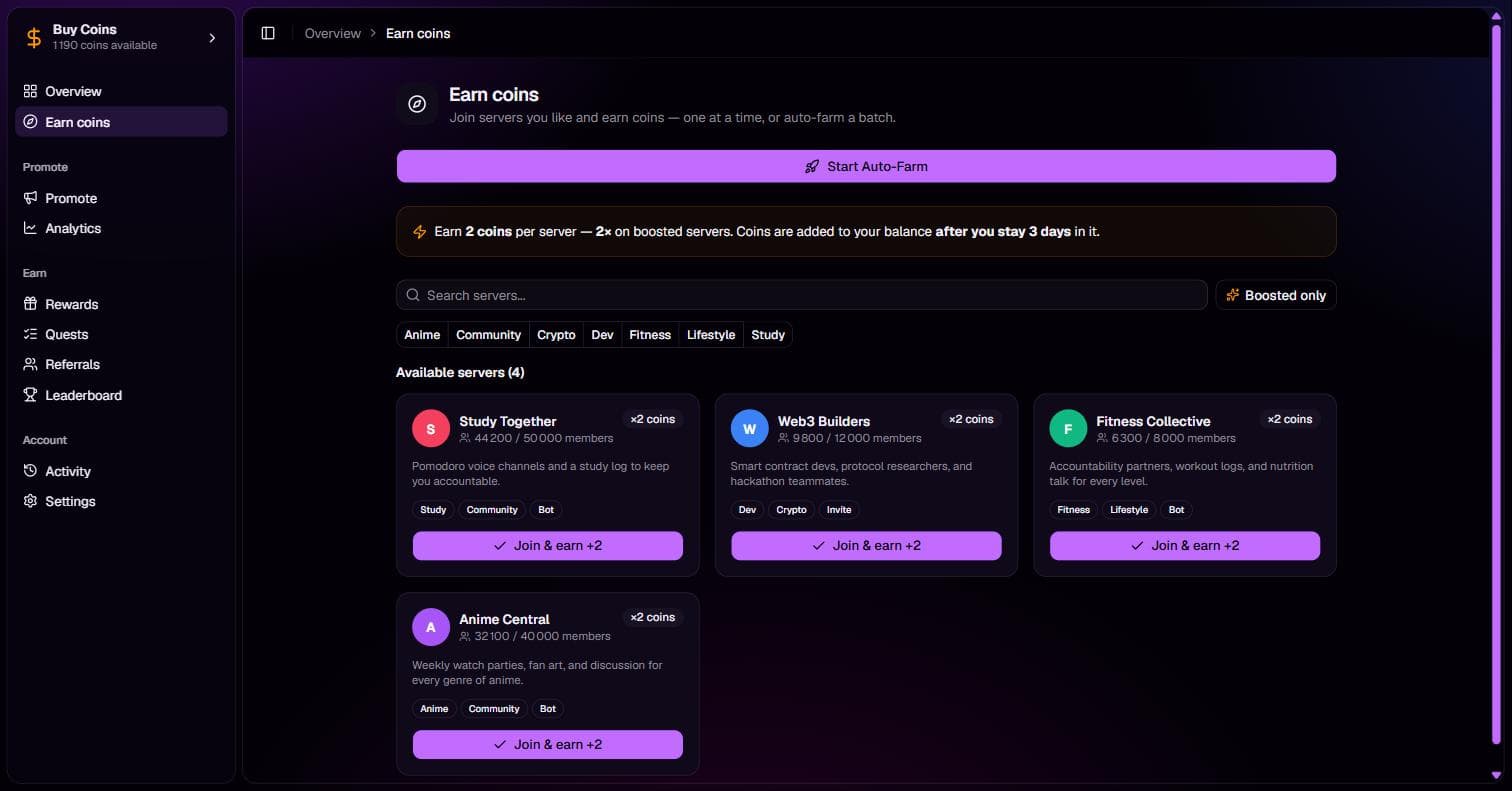 Earn coins by joining Discord servers