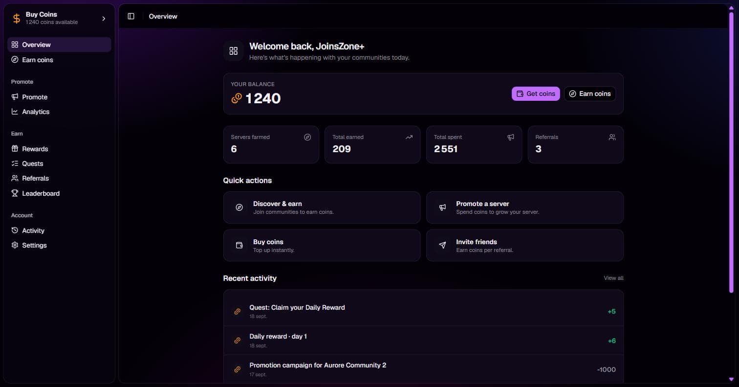 JoinsZone+ Dashboard Overview